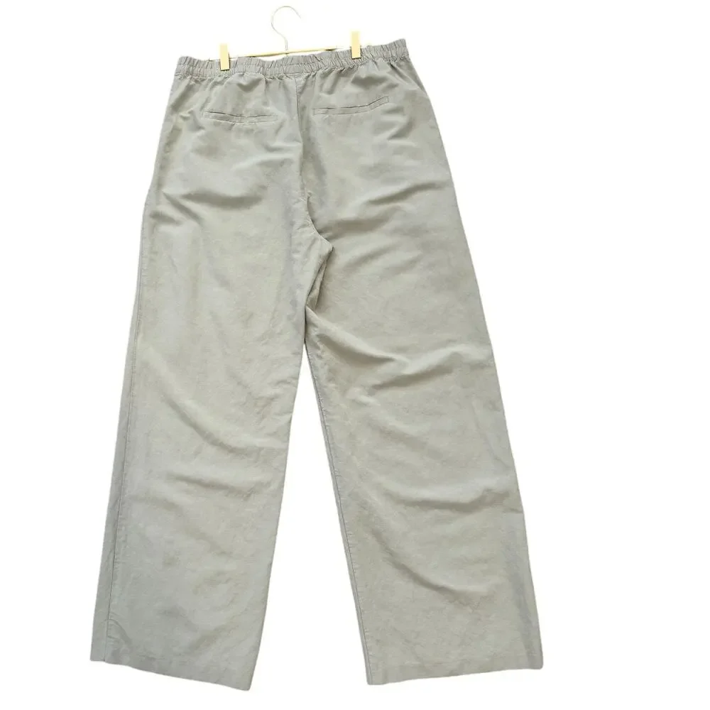 H&M Linen Blend Wide Leg Pants L Tan Smocked High Waist Pintuck Pleat